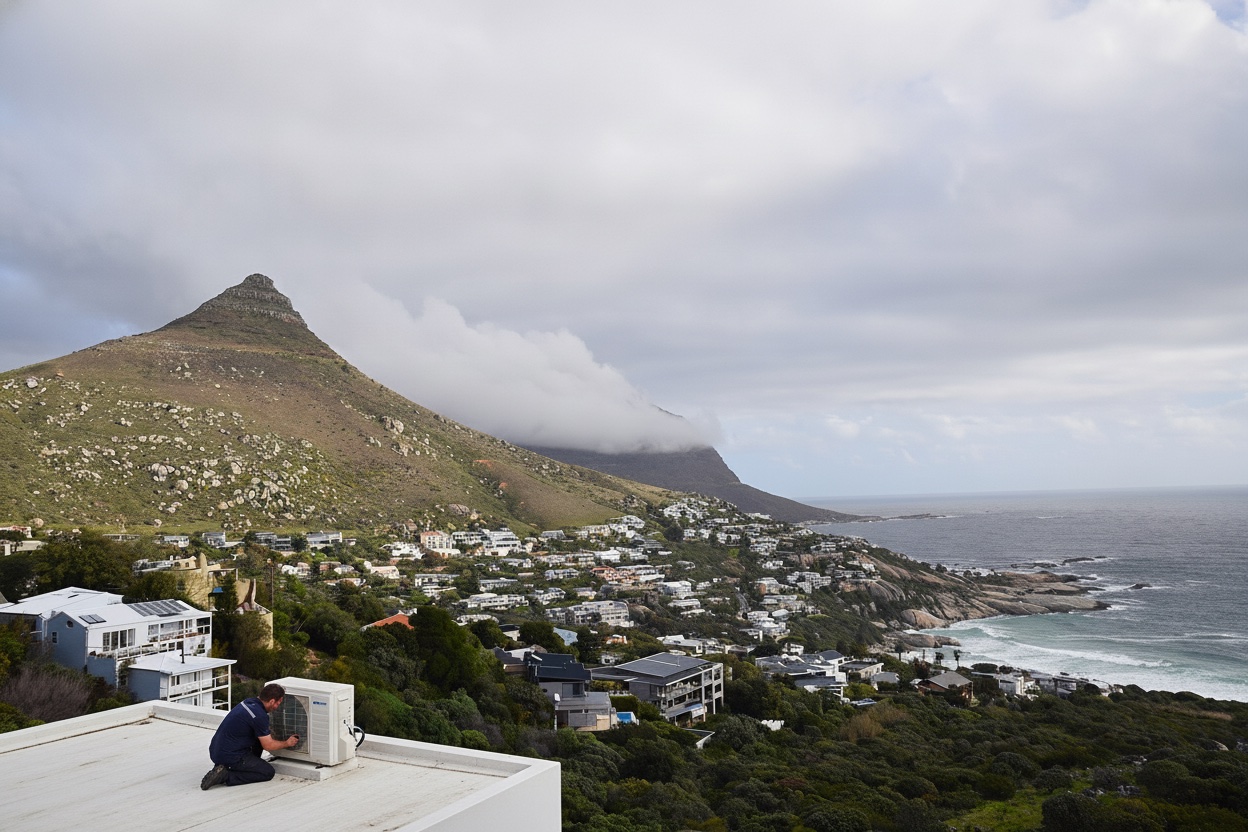 Technician servicing an aircon on a Llandudno rooftop, Lion's Head and the Atlantic behind