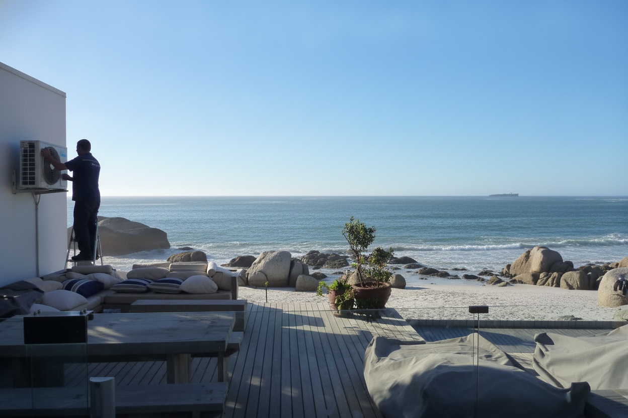 Technician fitting an aircon on a Clifton beach house deck